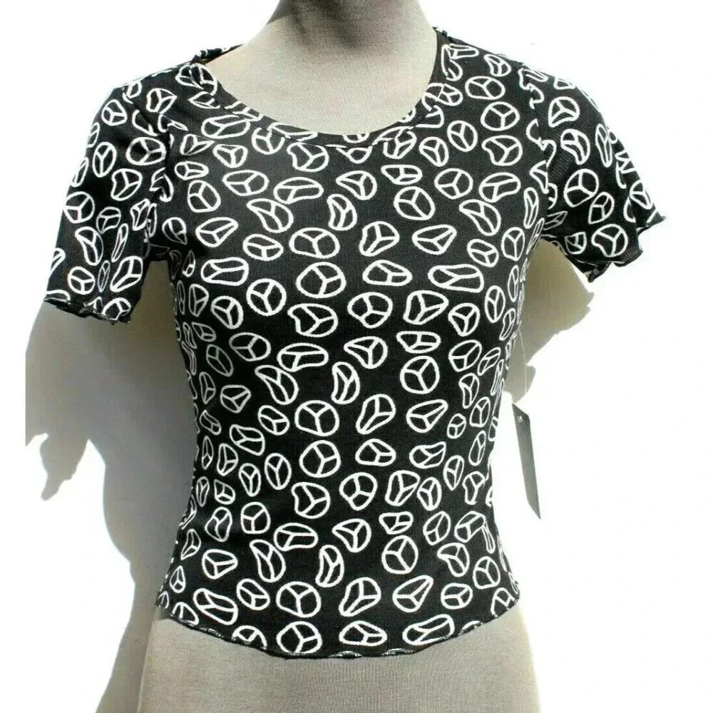 New Women's Black & White Peace Groovy Retro Crop Top Emo Girl Indie Core